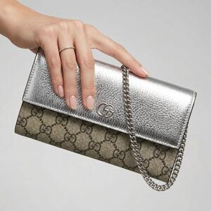 GUCCI GG Marmont Bicolor Silver Canvas Wallet on Chain w/ dust bag EUC